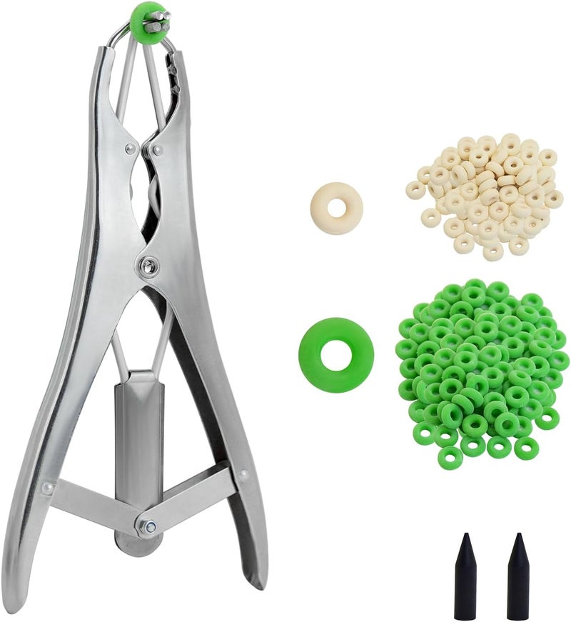 chicarry Goat Banding Kit, Stainless Steel Bander Snap Pliers with 150Pcs 2 Sizes Rings, Ring Installation Tool, Balloon Expander Pliers Tool - Image 1